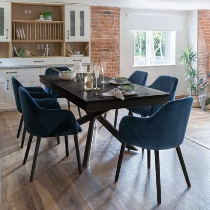 Amelia Black Extendable Dining Table Set - 6 Seater - Freya Blue Carver Chairs - Black Legs