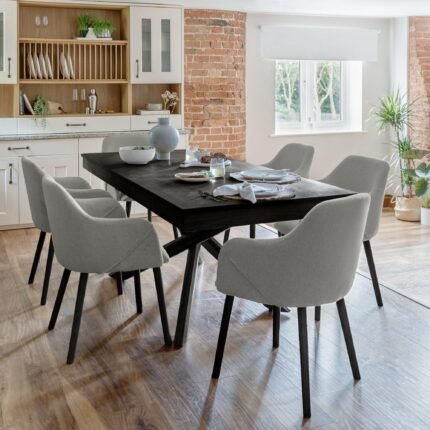 Amelia Black Extendable Dining Table Set - 6 Seater - Freya Fossil Carver Chairs - Black Legs