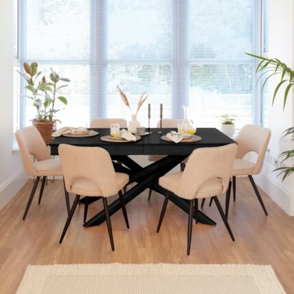 Amelia Black Extendable Dining Table Set - 6 Seater - Dolly Dining Chairs - Black Legs