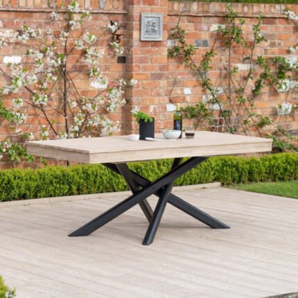 Amelia Outdoor Dining Table in Light Brushed Acacia Wood with Black Metal Legs