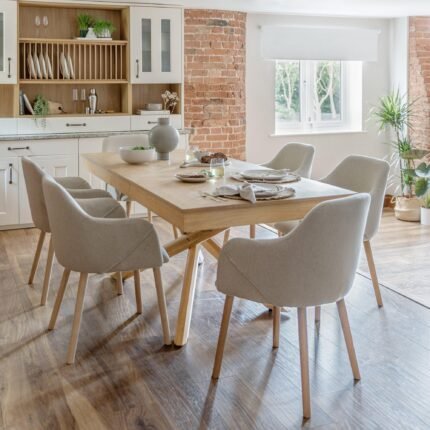 Amelia Whitewash Dining Table Set - 6 Seater - Freya Sand Carver Chairs - Whitewash Oak Legs