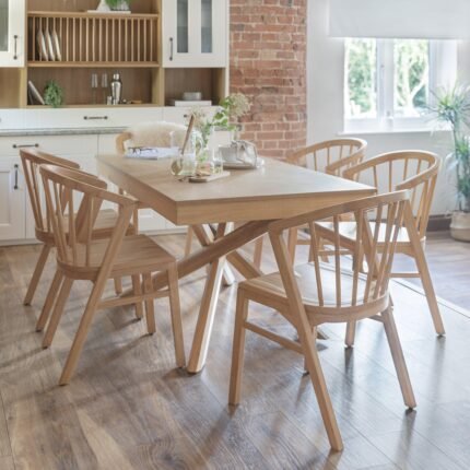 Amelia Whitewash Dining Table Set - 6 Seater - Mabel Pale Oak Spindle Back Chairs