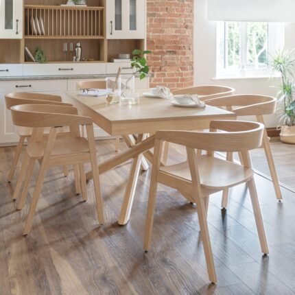 Amelia Whitewash Dining Table Set - 6 Seater - Ella Pale Oak Armchairs