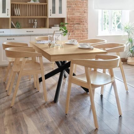 Amelia Pale Oak Dining Table Set with Black Legs - 6 Seater - Pale Oak Armchairs