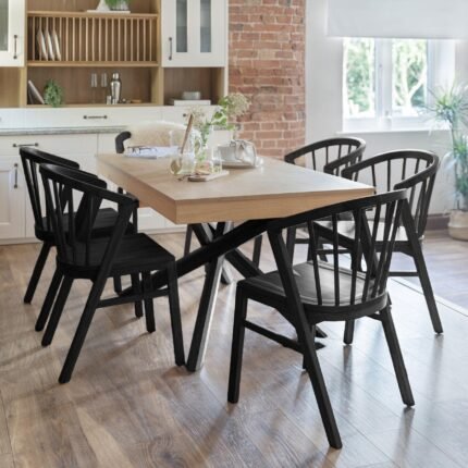 Amelia Whitewash Extendable Dining Table Set - 6 Seater - Mabel Black Spindle Back Chairs - Black Legs