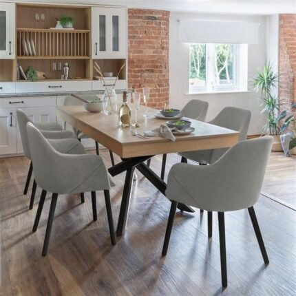 Amelia Whitewash Dining Table Set - 6 Seater - Freya Fossil Carver Chairs - Black Legs