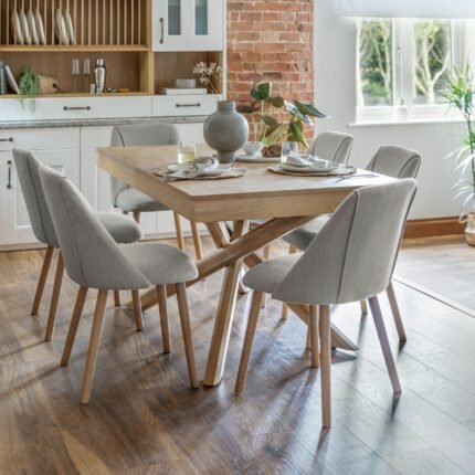 Amelia Whitewash Extendable Dining Table Set - 6 Seater - Freya Fossil Dining Chairs - Whitewash Legs