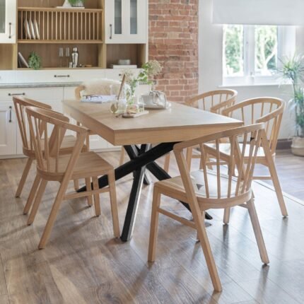 Amelia Whitewash Extendable Dining Table Set - 6 Seater - Mabel Pale Oak Spindle Back Chairs