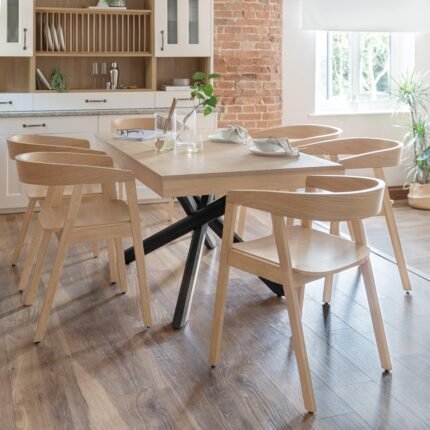 Amelia Whitewash Extendable Dining Table Set - 6 Seater - Ella Pale Oak Armchairs