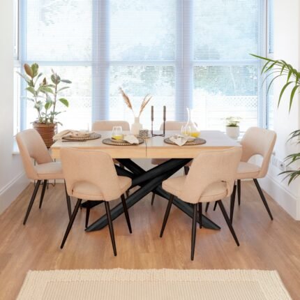 Amelia Whitewash Extendable Dining Table Set - 6 Seater - Dolly Dining Chairs - Black Legs