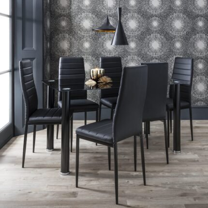Anya Glass Dining Table Set - 6 Seater - Anya Black Faux Leather Chairs