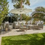 Aria 7 Seater Rattan Garden Sofa Set with Cream Lean Over Parasol - Light Grey