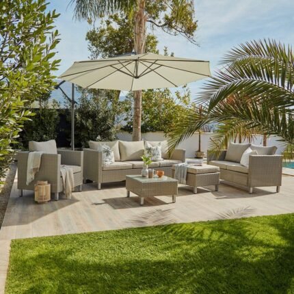 Aria 7 Seater Rattan Garden Sofa Set with Cream Lean Over Parasol - Light Grey
