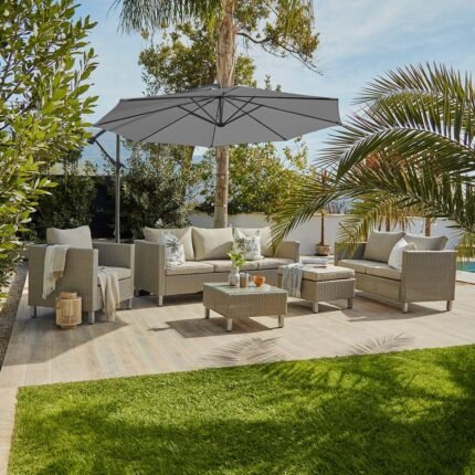Aria 7 Seater Rattan Garden Sofa Set with Grey Lean Over Parasol - Light Grey