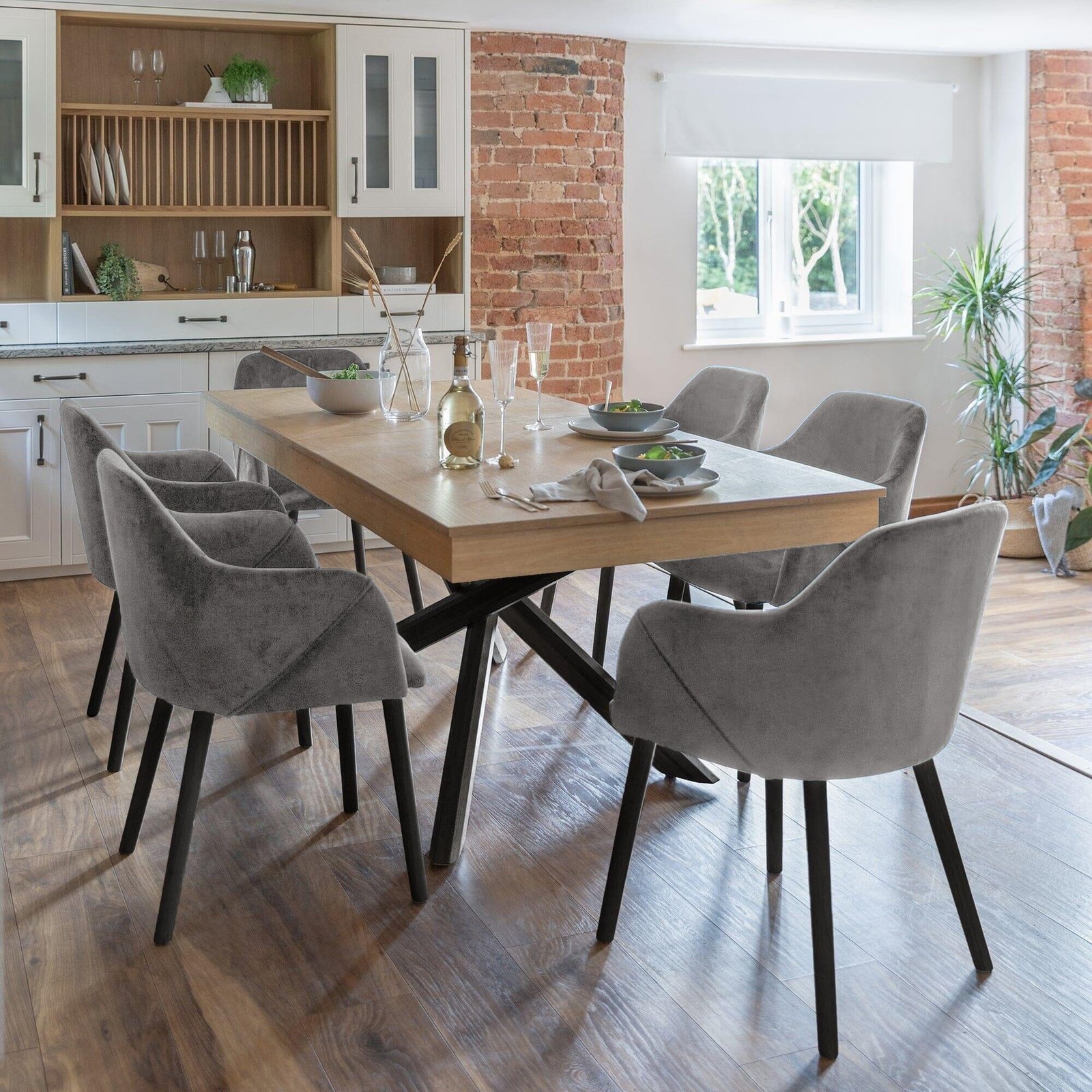 armchairs-whitewash-top-black-legs-extendable Amelia Whitewash Extendable Dining Table Set - 6 Seater - Freya Grey Carver Chairs - Black Legs