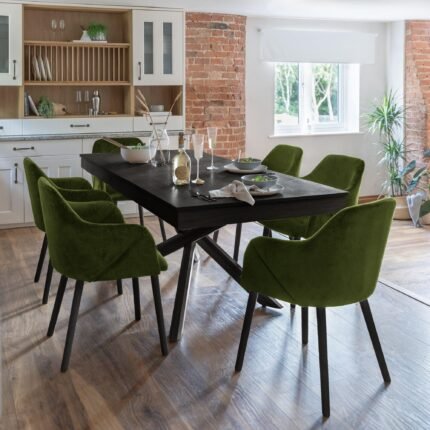 Amelia Black Dining Table Set - 6 Seater - Freya Fern Green Carver Chairs - Black Legs
