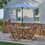 Ashby 4 Seater Wooden Round Garden Dining Set with 4 Cove Rope Chairs & Cream LED Parasol  - 130cm