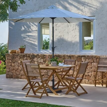 Ashby 4 Seater Wooden Round Garden Dining Set with 4 Cove Rope Chairs & Cream Parasol  - 130cm