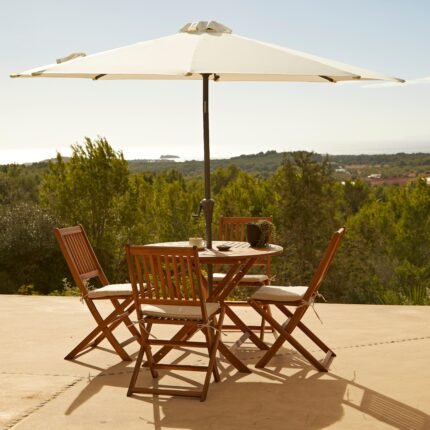 Ashby 4 Seater Round Wooden Garden Dining Set with Cream LED Premium Parasol  - 100cm