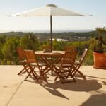 Ashby 6 Seater Round Wooden Garden Dining Set with Arms & Premium LED Cream Parasol - 130cm
