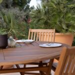 Ashby 6 Seater Round Wooden Garden Dining Set with Arms & Grey Parasol - 130cm - Image 6