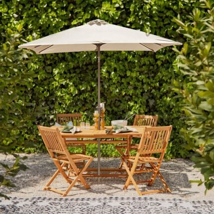 Ashby 4 Seater Wooden Rectangular Garden Dining Set with Cream LED Premium Parasol - 120cm