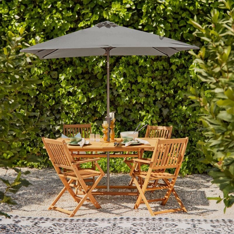 Ashby 4 Seater Wooden Rectangular Garden Armchair Dining Set with Grey LED Premium Parasol - 120cm