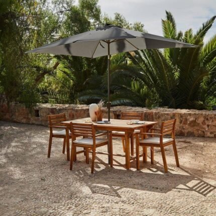 Aspen 4 Seater Wooden Extendable Garden Dining Set with Cushions - Grey LED Premium Parasol