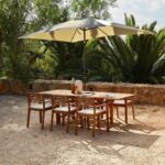 Aspen 6 Seater Wooden Extendable Garden Dining Set with Cushions & Cream LED Premium Parasol  - 160cm to 240cm