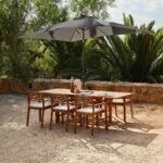 Aspen 6 Seater Wooden Extendable Garden Dining Set with Cushions - Grey LED Premium Parasol