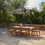 Aspen 8 Seater Wooden Garden Dining Set with Cushions & Grey LED Premium Parasol  - 160cm to 240cm