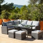 Aston 9 Seater Rattan Corner Sofa Set with Glass Table Top - Grey