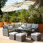 Aston 9 Seater Rattan Corner Sofa Set with Cream Lean Over Parasol - Grey