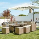 Aston 9 Seater Rattan Corner Sofa Set with Cream LED Premium Parasol with Glass Table Top - Natural Brown