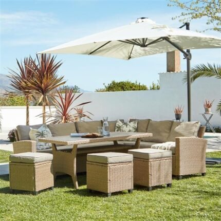 Aston 9 Seater Rattan Corner Sofa Set with Cream LED Premium Parasol with Glass Table Top - Natural Brown