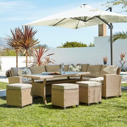 Aston 9 Seater Rattan Corner Sofa Set with Cream Lean Over Parasol with Polywood Table Top - Natural Brown