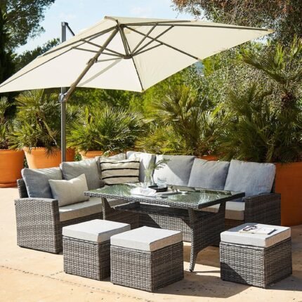 Aston 9 Seater Rattan Corner Sofa Set with Cream LED Premium Cantilever Parasol - Grey