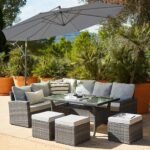 Aston 9 Seater Rattan Corner Sofa Set with Grey Lean Over Parasol - Grey