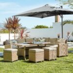 Aston 9 Seater Rattan Corner Sofa Set with Grey Lean Over Parasol with Polywood Table Top - Natural Brown