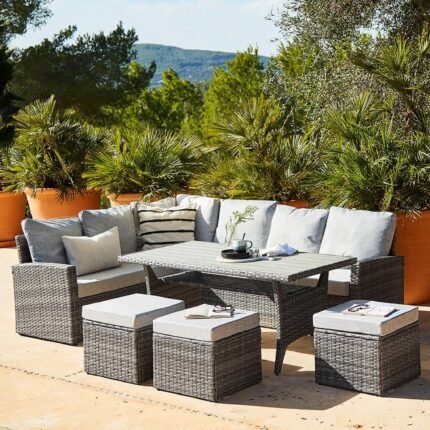 Aston 9 Seater Rattan Corner Sofa Set with Polywood Top - Grey