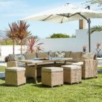 Aston 9 Seater Rattan Corner Sofa Set with Cream LED Premium Parasol & Polywood Table Top - Natural Brown