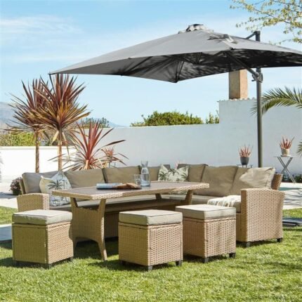 Aston 9 Seater Rattan Corner Sofa Set with Grey LED Premium Parasol with Glass Table Top - Natural Brown