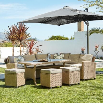 Aston 9 Seater Rattan Corner Sofa Set with Grey LED Premium Parasol with Polywood Table Top - Natural Brown