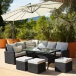 Aston 9 Seater Rattan Garden Corner Sofa Set with Cream Lean Over Parasol - Black Weave
