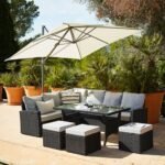 Aston 9 Seater Rattan Garden Corner Sofa Set with Cream LED Premium Cantilever Parasol - Black Weave