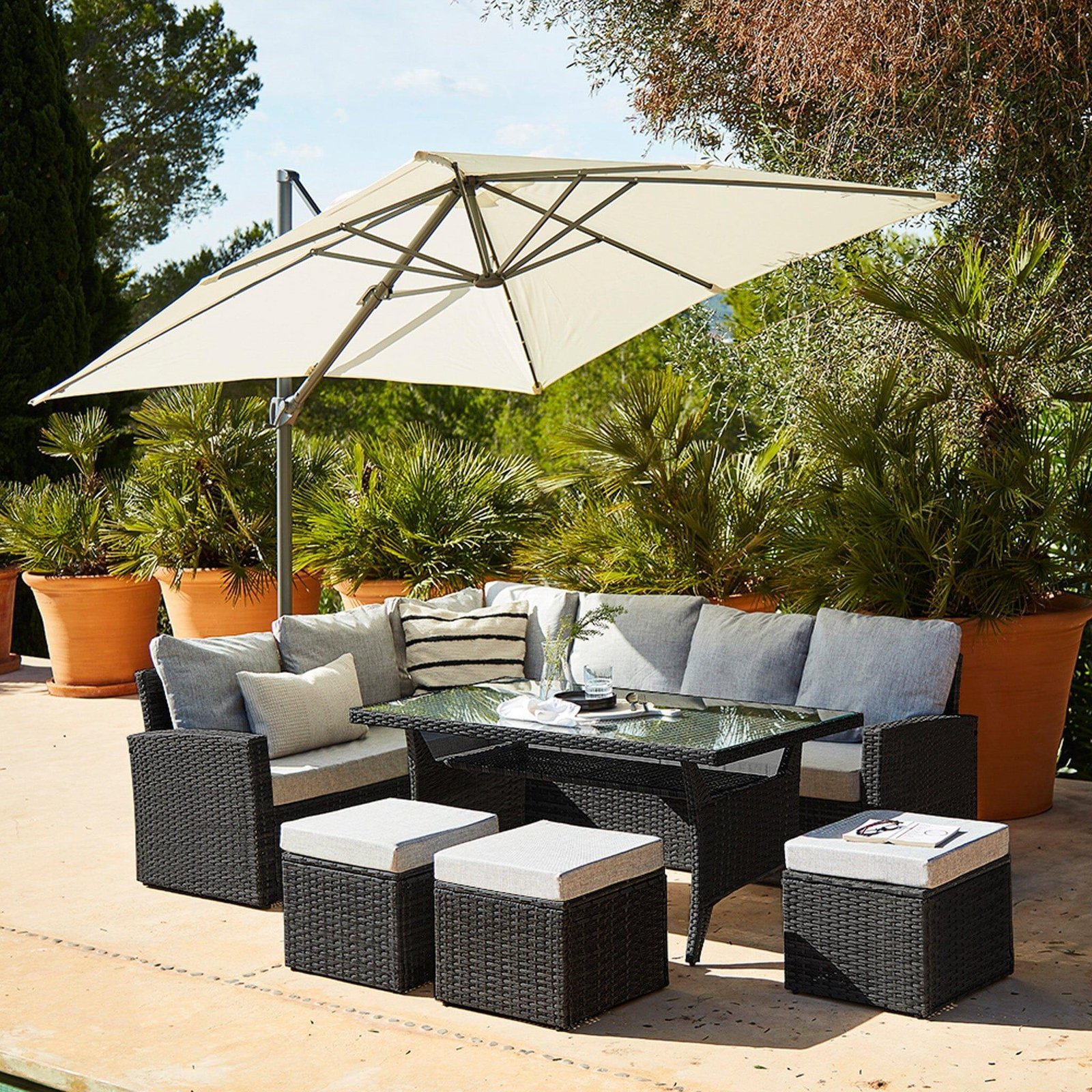 aston-rattan-outdoor-corner-sofa-set-cream-led-cantilever-parasol-9-seater-black-laura-james-3 Aston 9 Seater Rattan Garden Corner Sofa Set with Cream LED Premium Cantilever Parasol - Black Weave