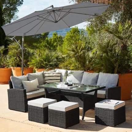 Aston 9 Seater Rattan Garden Corner Sofa Set with Grey Lean Over Parasol - Black Weave