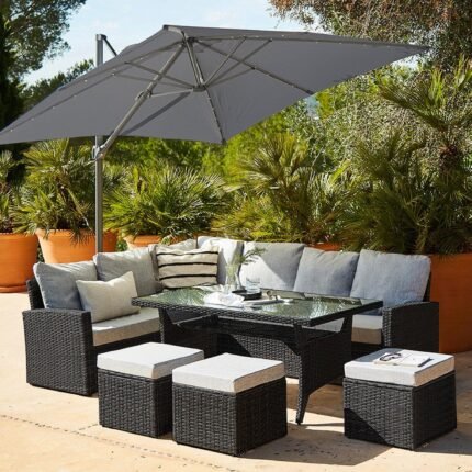 Aston 9 Seater Rattan Garden Corner Sofa Set with Grey LED Premium Cantilever Parasol - Black Weave