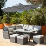 Aston 9 Seater Rattan Garden Corner Sofa Set with Grey Lean Over Parasol - Polywood Top - Grey