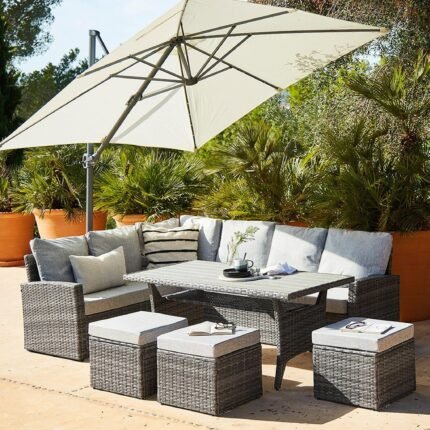Aston 9 Seater Rattan Garden Corner Sofa Set with Cream LED Premium Parasol - Polywood Top - Grey